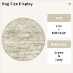 Soalmost Round Rugs 9ft Living Room Circle Area Rug 9x9 Brown Vintage | - Image 5