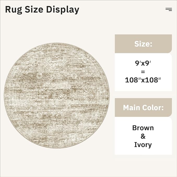Soalmost Round Rugs 9ft Living Room Circle Area Rug 9x9 Brown Vintage | - Image 5