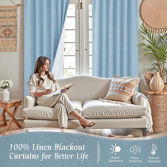 100% Blackout Stone Blue Linen Curtains 63 Inches - Image 2