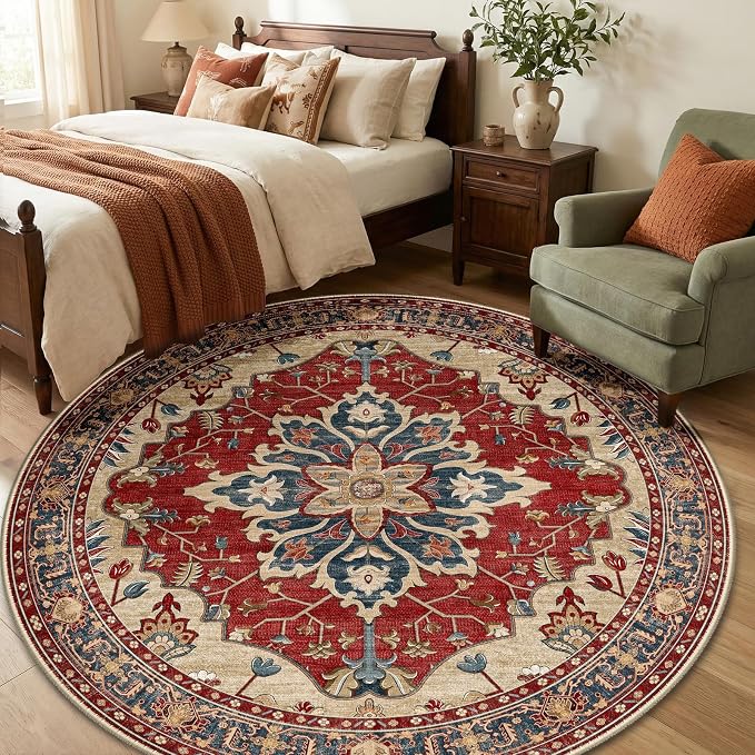 RELEANY Washable Area Rug, Round 6ft, Water Repellent, Pet Friendly, Vintage - Image 3