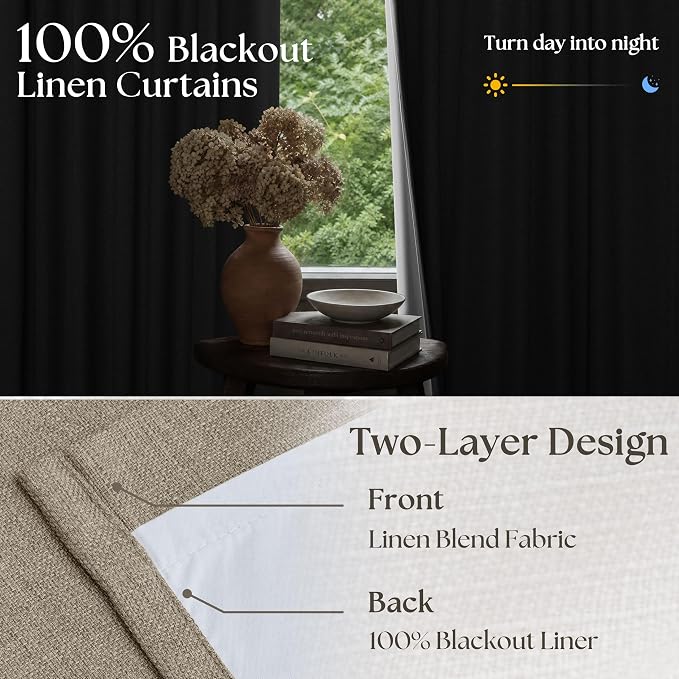 Deep Flax Pinch Pleated Blackout 102 Inch Bedroom Curtains Dual Layer | - Image 3