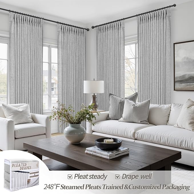 Thick Linen Light Grey Pinch Pleated Curtains 84 Inches Long - Image 6