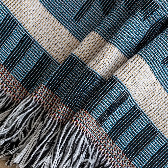 VClife Boho Sofa Couch Cover White Blue Plaid Stripe Couch Cover - Image 9