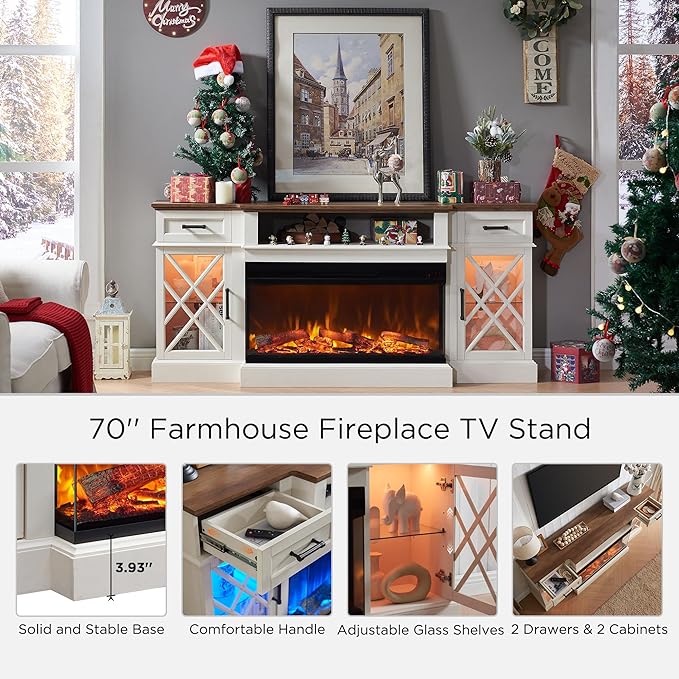 OKD 3-Sided Glass Farmhouse Electric Fireplace TV Stand - Image 4