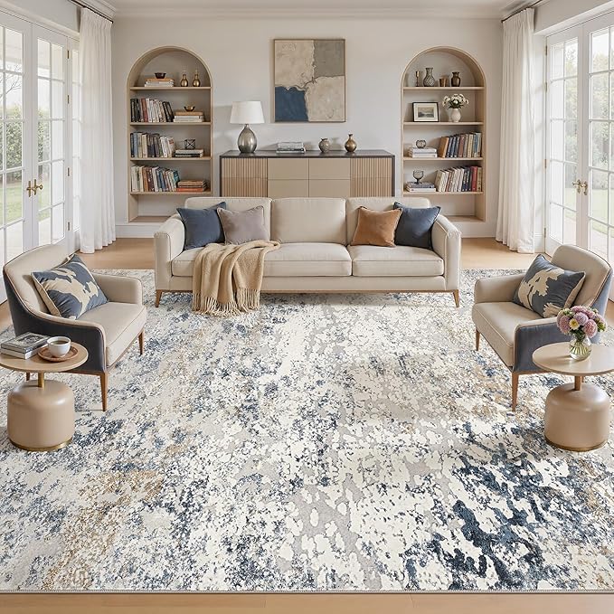 DMOYEST Area Rug Living Room Rugs 12x15 Extra Large Beige Blue Carpet | - Image 3