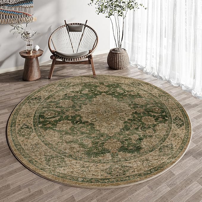5ft Round Green Retro Floral Washable Rug by HUGEAR