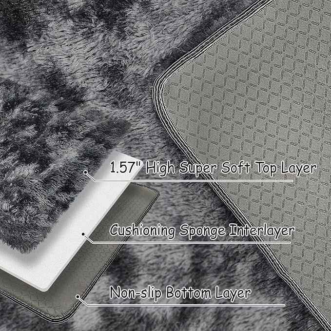Small Tie-Dyed Area Rug for Bedroom 2x3 Mini Black Grey Fluffy Rug Mat Bedside - Image 5
