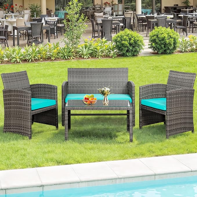 SUNLEI 4-Piece Outdoor Patio Furniture Set, Rattan Chair Wicker Conversation Set by SUNLEI