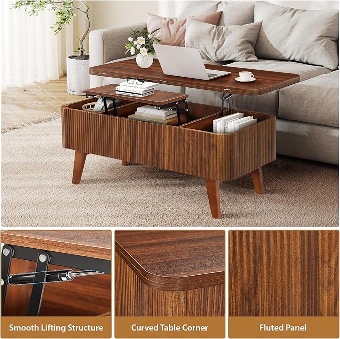 3 in 1 Lift Top Coffee Table, Fluted Convertible Coffee Tables Converts to - Image 6