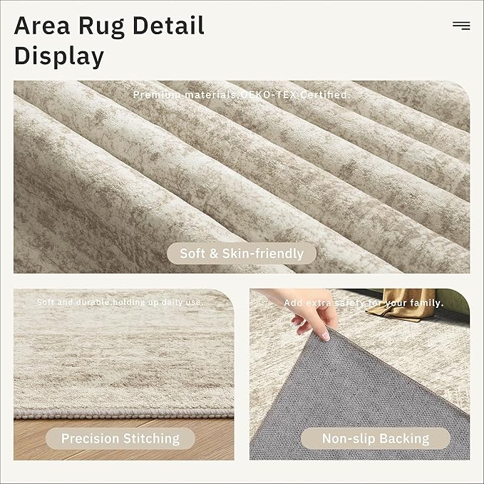 Soalmost 5x8 Area Rugs Beige Low Pile Washable Trendy Faded Style Rug | Vintage - Image 6