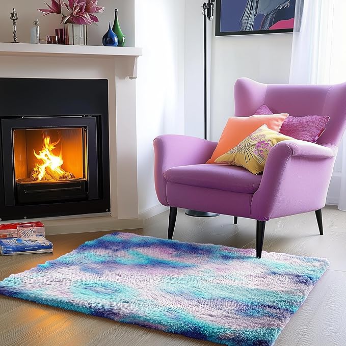 Plush Rainbow Accent Rugs for Bedroom Girls 2x3 Ft, Soft Purple Tent Rugs | - Image 3