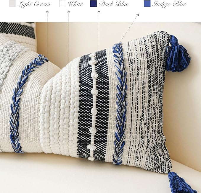 Navy Dark Blue Boho Throw Pillow Cover 22x22 Grey Decorative Accent Pillow - Image 3