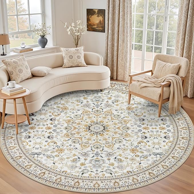 Round Area Rug for Living Room: 4ft Washable Rug for Bedroom Beige | Vintage by EXPEDIX