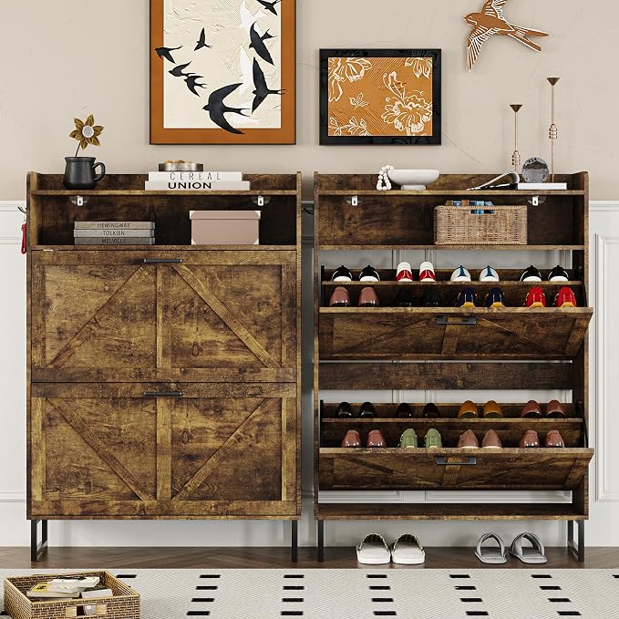 BORNOON Shoe Cabinet with 2 Flip Drawers Narrow Shoe Storage Cabinet Organizer - Image 5
