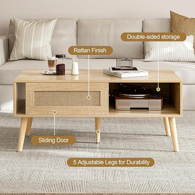 ZttRiee Wood Coffee Table with Storage, Boho Dining Table with Sliding Rattan - Image 4
