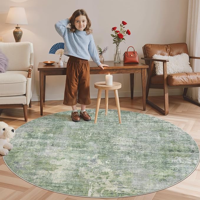 Soalmost Abstract 5x5 Round Rug 5ft Circle Living Room Rugs, Low Pile Stain by Soalmost