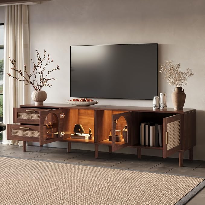 Merax Rattan TV Stand with LED Lights, Solid Wood Feet, Living Room, Bedroom - Image 3