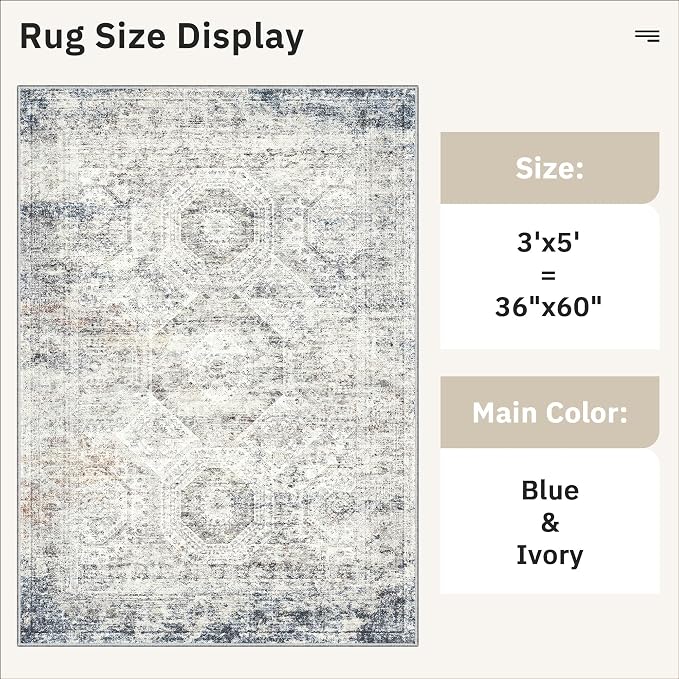 Soalmost 3x5 Rugs, Small Washable Kitchen Entryway Area Rug Blue/Ivory | - Image 5