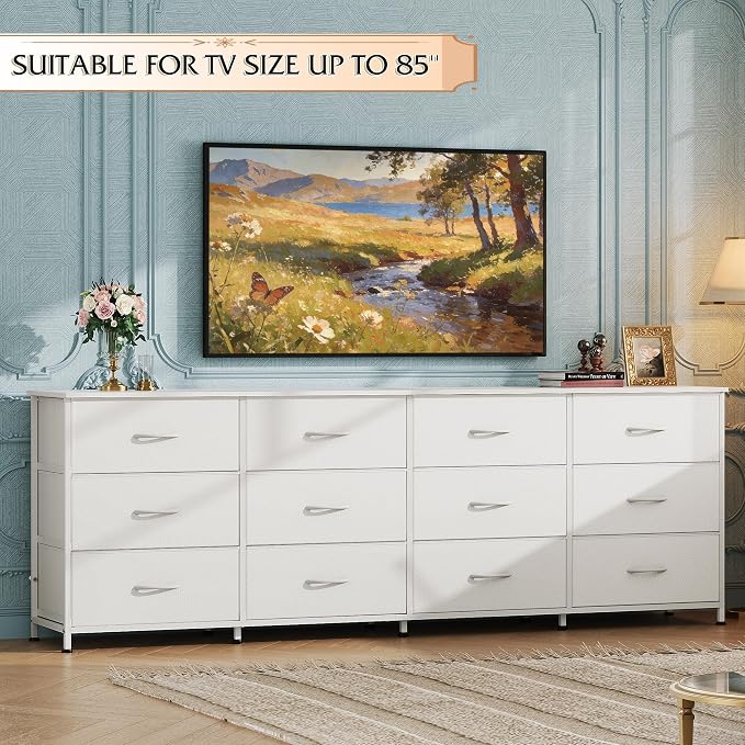 WLIVE 75.5'' White Dresser for Bedroom, TV Stand for 85, 65 Inch TV, 12 Drawer - Image 2