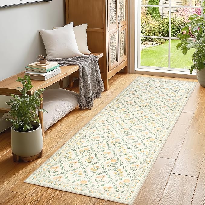 PLHXFR 2x6 Washable Runner Rug：Floral Indoor Kitchen Carpet Beige Multi | - Image 3