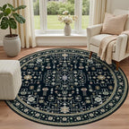 Round Area Rug for Living Room: 4ft Washable Rug for Bedroom Black | Vintage - Image 2