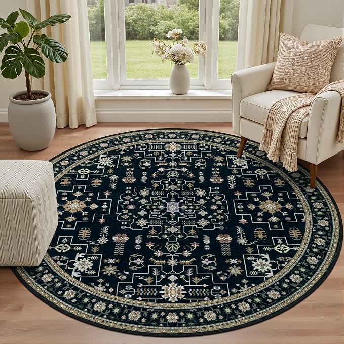 Round Area Rug for Living Room: 4ft Washable Rug for Bedroom Black | Vintage - Image 2