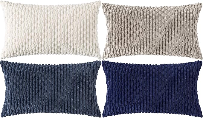 Set of 4 Navy White Taupe Decorative Throw Pillow Covers 12x20 Inch Corduroy by Cozoomy