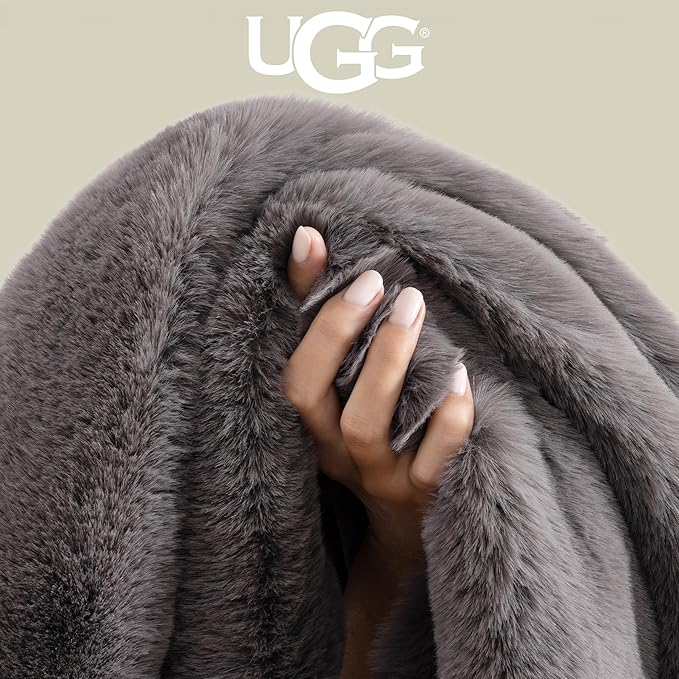 UGG Euphoria Throw Blanket, Faux Fur Blanket, Charcoal Grey | Reversible Fluffy - Image 4