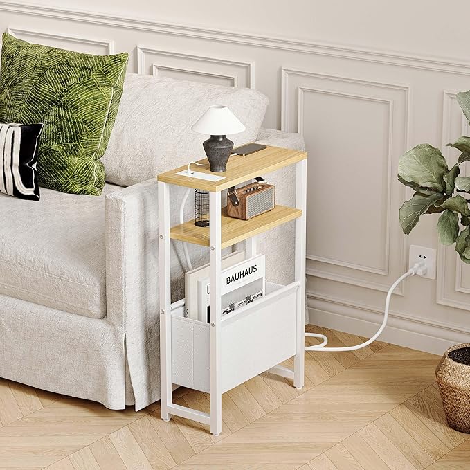 Narrow Side Table with Charging Station Slim End Table Sofa with Magazine Rack - Image 2