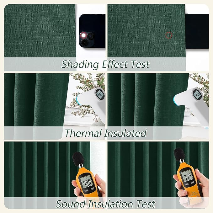 Dark Green 100% Blackout Linen Curtains 84 Inch Length 2 Panels Set - Image 5