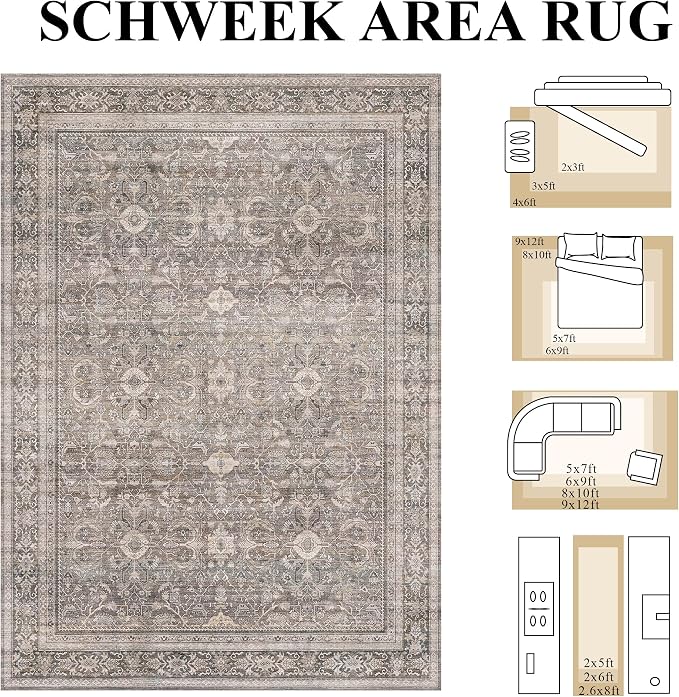 Schweek 8x10 Washable Area Rug Neutral Floral Rugs - Image 2