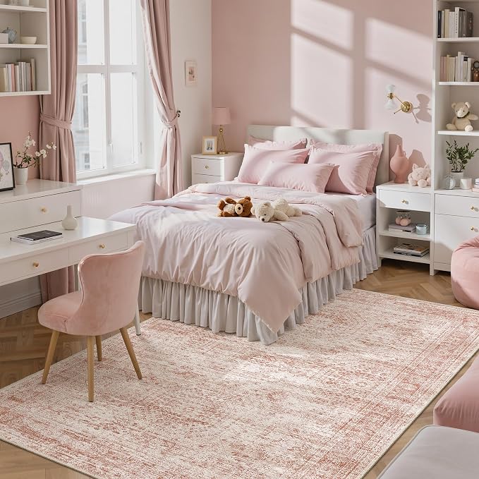 Soalmost 5x7 Area Rugs Pink Low Pile Washable Trendy Faded Style Rug | Vintage - Image 8
