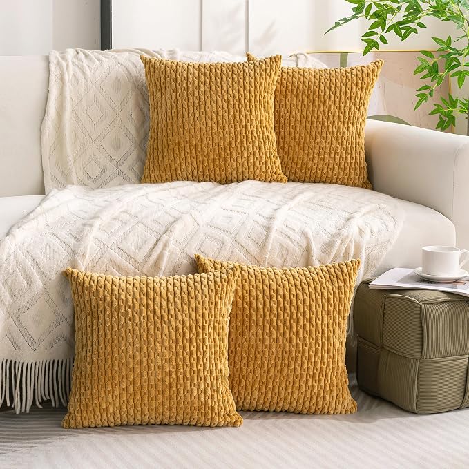 Set of 4 Mustard Yellow Decorative Throw Pillow Covers 22x22 Inch Corduroy - Image 9