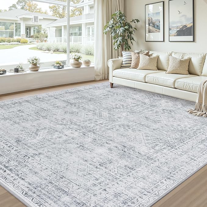 Area Rugs 9x12 Living Room: Bedroom Neutral Washable Carpet Gray | Vintage Boho - Image 9