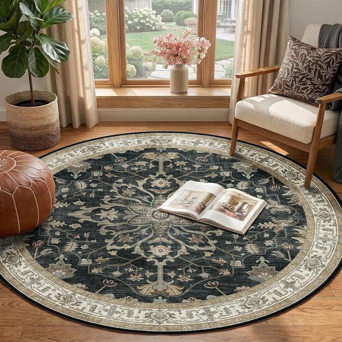 RELEANY Washable Area Rug, Round 4ft, Water Repellent, Pet Friendly, Vintage - Image 2