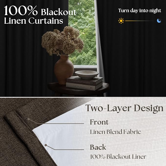 Brown Chocolate Double Layer Linen Blackout Bedroom 105 Inch Curtains | Memory - Image 8