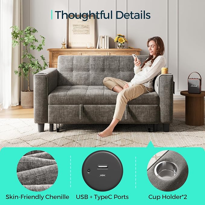 LINSY 54" Pull Out Couch with Charging Station, Small Sleeper Sofa Bed with Cup - Image 5