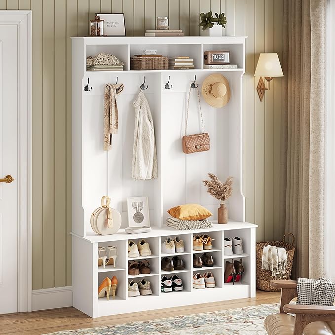 Wodeer Hall Tree with Bench and Shoe Storage, 6 Hooks, 12 Shoe Cubbies by WODEER