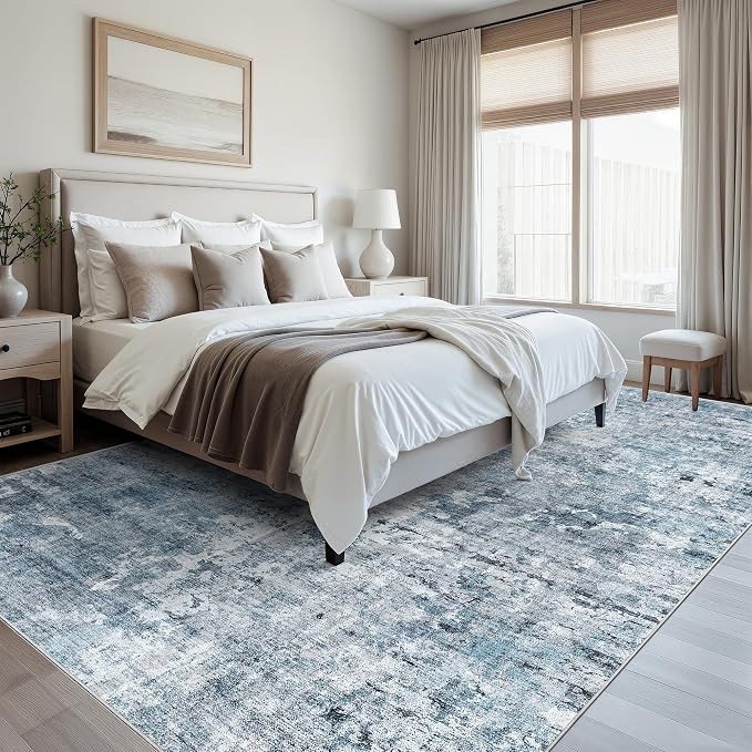 Soalmost Abstract Rug 8x12 Large Living Room Area Rugs Washable Blue/Grey | - Image 3
