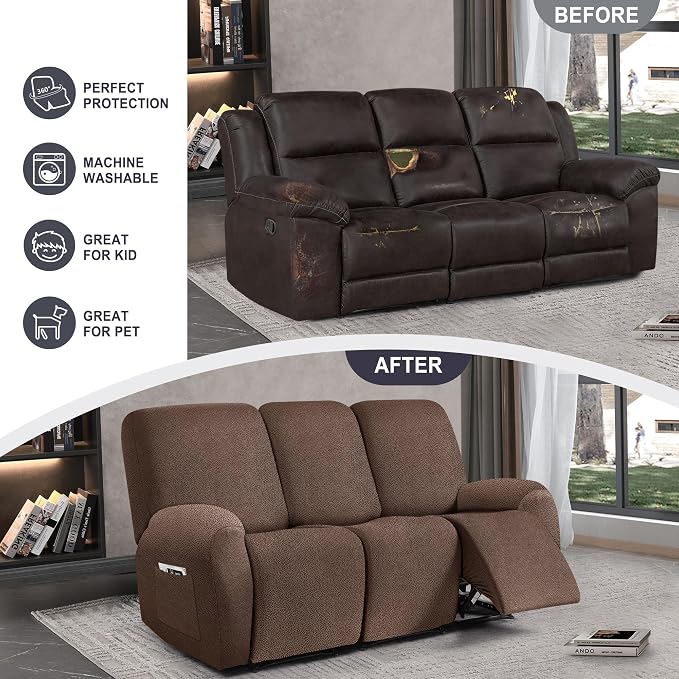 ANARACHON Leather Look Recliner Couch Cover, 8-Pieces Stretch Recliner Sofa - Image 6