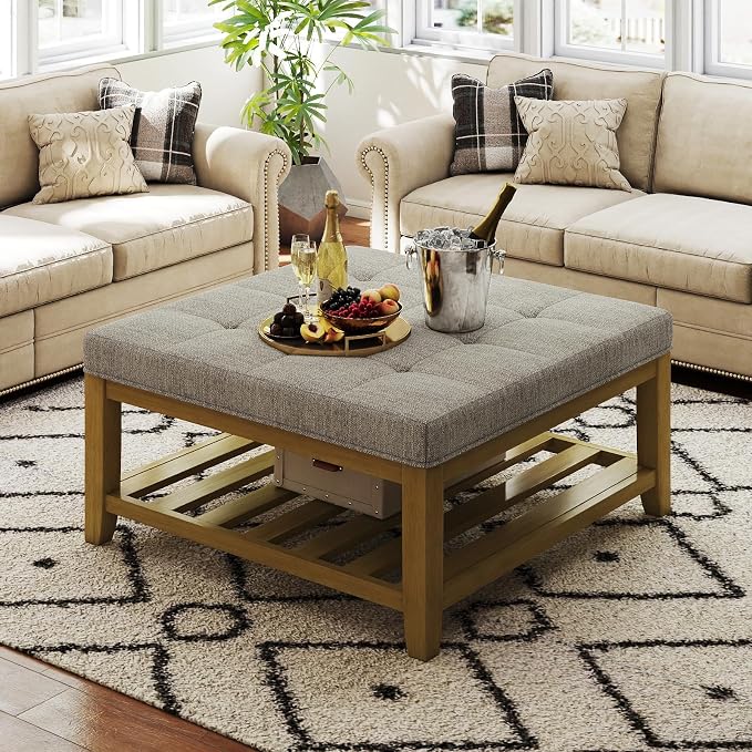 Befurtori Large Square Ottoman Coffee Table, Linen Solid Upholstered Footrest by Befurtori