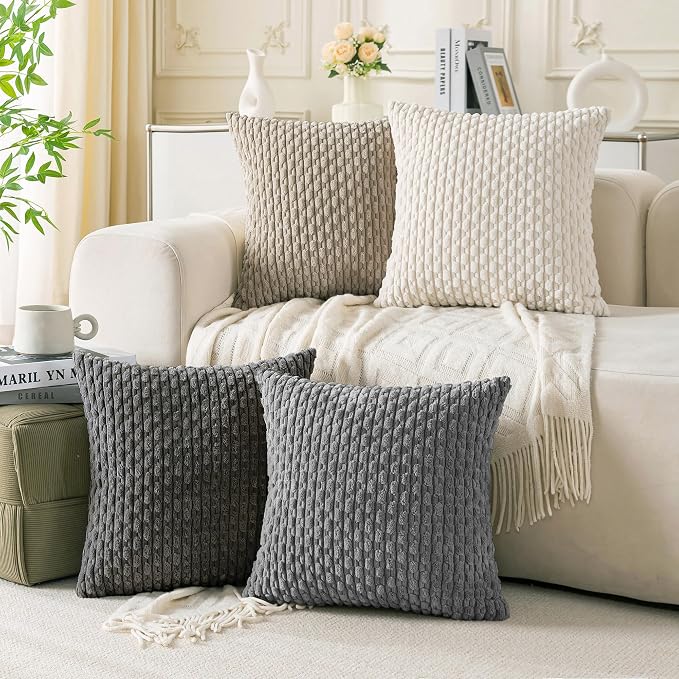 Set of 4 Grey White Taupe Decorative Throw Pillow Covers 26x26 Inch Corduroy by Cozoomy