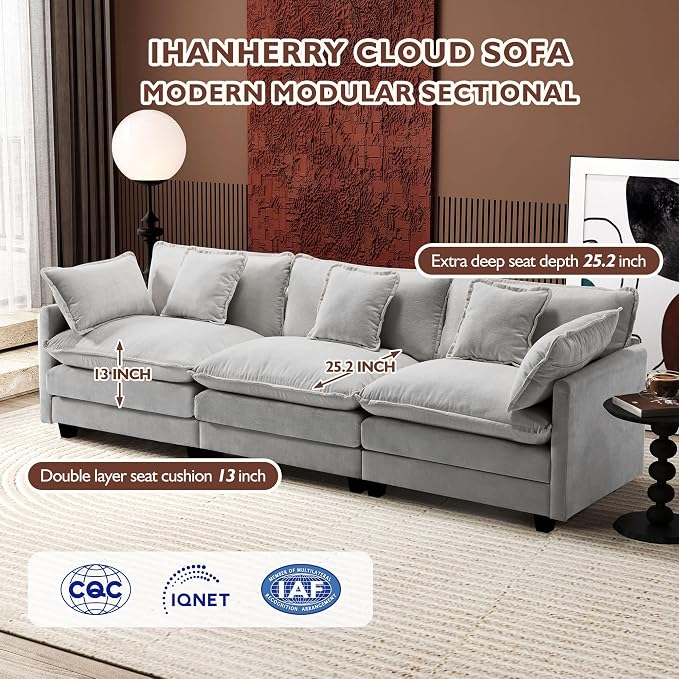Ihanherry 111.4 Inch 3-Seater Cloud Sofa, Modular Sectional Couch, Modern Deep - Image 2
