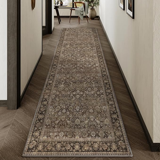 2'6''x8' Brown Vintage Floral Washable Runner Rug by HUGEAR