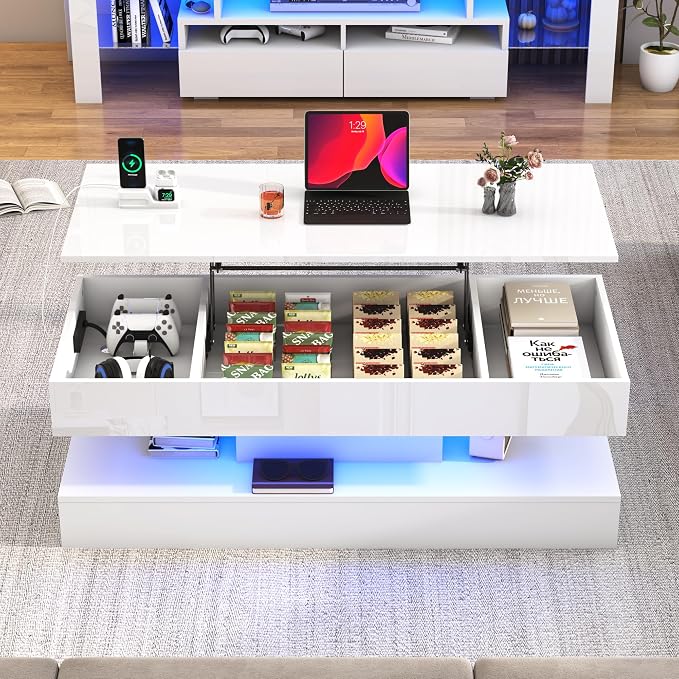 47.2" Large Lift Top Coffee Table, Modern High Glossy LED Coffee Tables - Image 7