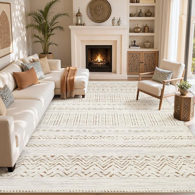 cotiled 10x12 Area Rugs Washable Boho Living Room Rug Brown/Cream | Stain - Image 8