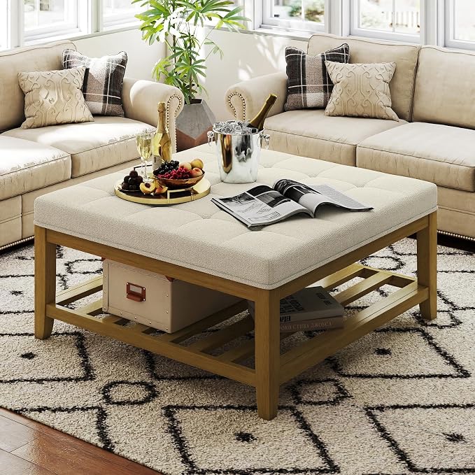 Befurtori Large Square Ottoman Coffee Table, Linen Solid Upholstered Footrest by Befurtori