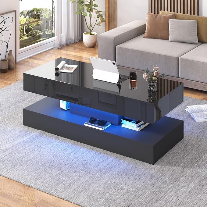 47.2" Large Lift Top Coffee Table, Modern High Glossy LED Coffee Tables - Image 4