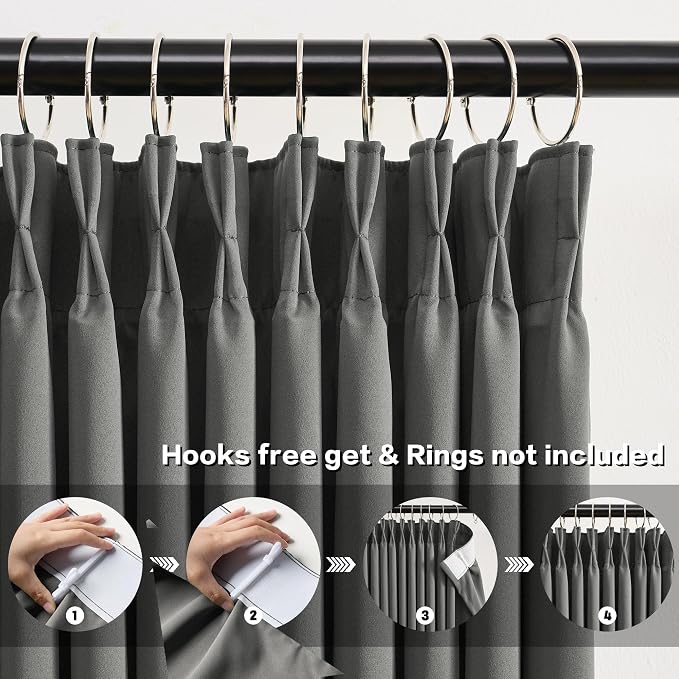 Grey Pinch Pleat Curtains & Drapes 63 Inches Long 2 Panels Set, Privacy - Image 2