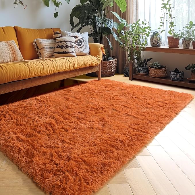 Amdrebio Burnt Orange Fluffy Shag Rust Small Area Rug 3x5 - Image 4